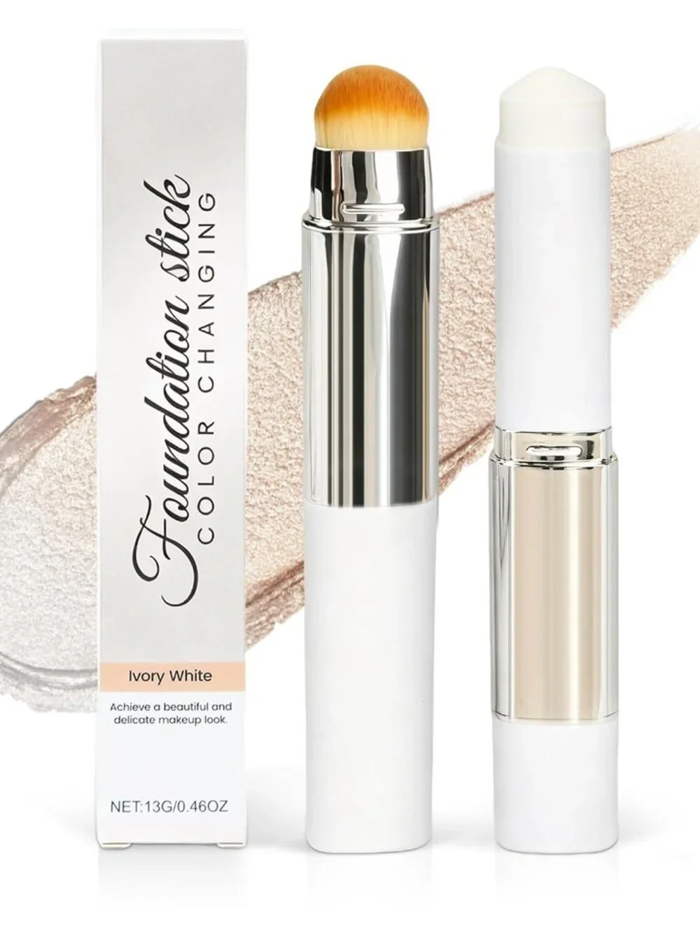 Color-Changing Foundation Stick with Brush, 2-in-1 Makeup & Concealer, Ivory